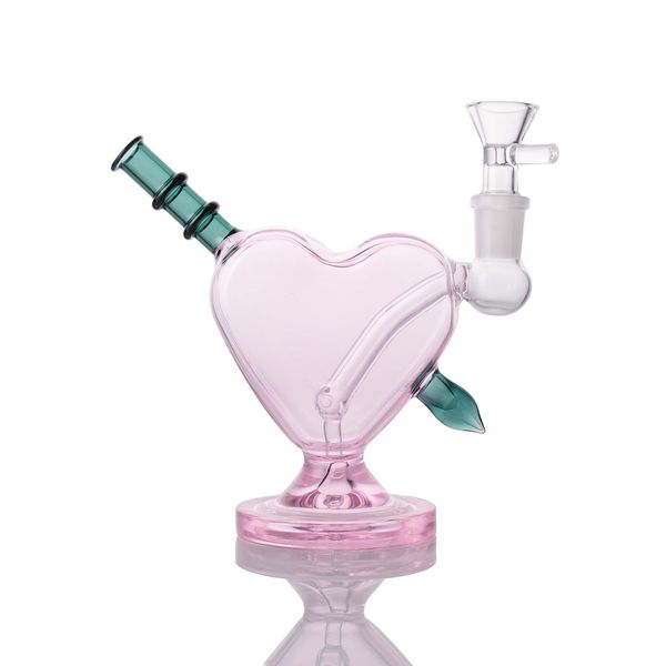 Il più recente bong dab rig in vetro a forma di cuore rosa da 5,9 pollici con accessori per fumatori, ciotola in vetro e stelo inferiore per narghilè H3967
