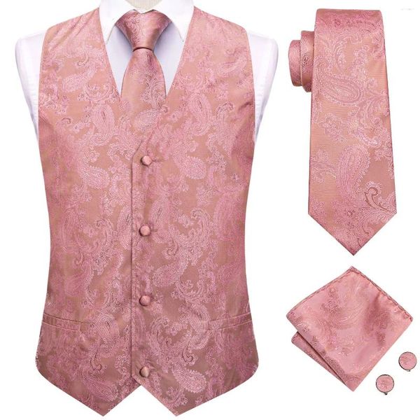 Gilet da uomo Hi-Tie Abito da uomo in seta 4 pezzi Tessuto Paisley Gilet rosa Cravatta Fazzoletto da taschino Gemello Abito da sposa da lavoro Giacca in vita