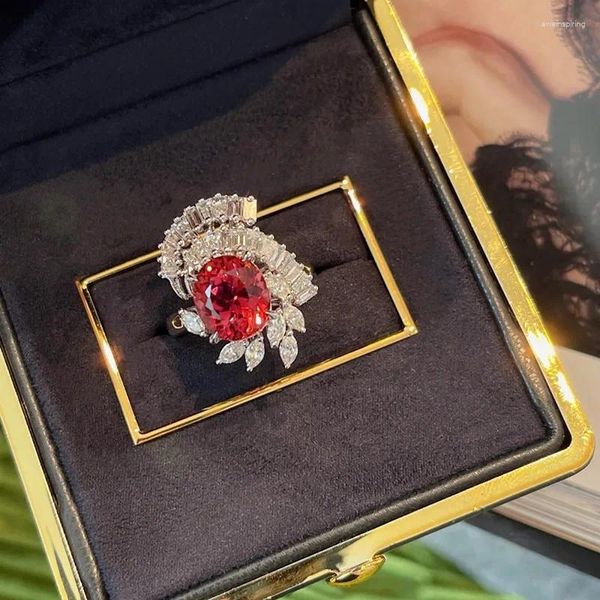 Anéis de cluster moda criativa rubi flor anel mulheres 925 selo de alta qualidade conjunto completo zircônia jóias presente de festa de aniversário