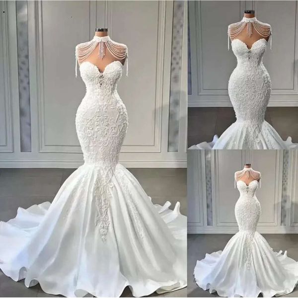 Abiti da sposa a sirena Abito da sposa con spalle scoperte Sweetheart Corsetto con lacci Perline Sweep Train Raso Plus Size Abiti da sposa C