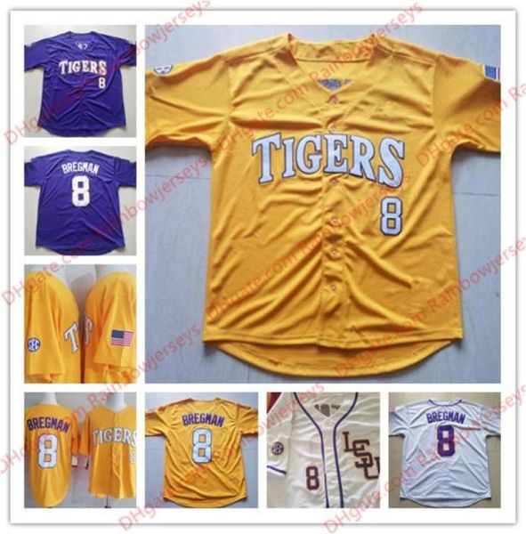 Custom LSU Tigers # 8 Алекс Брегман 10 Аарон Нола 17 DJ DJ LeMahieu 5 Бейсбольные майки колледжа Аарон Хилл Фиолетовый Золотой Желтый Белый9799728