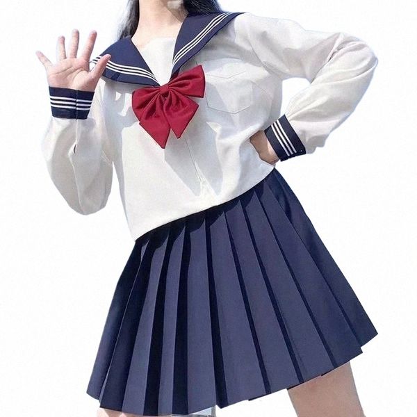 3 stücke Frauen Japanische Schuluniform Student Anzug Jk Kostüme Sailor Navy Kleidung Mädchen Kurzarm College Stil Top + Rock + Bogen f8mO #