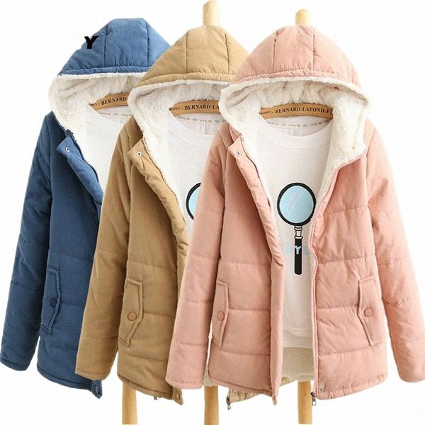 jfuncy delle donne di inverno Parka 2022 Fi giacche da donna in pile con cappuccio antivento caldo Veet femminile Cott cappotto rosa blu kaki v3Pn #