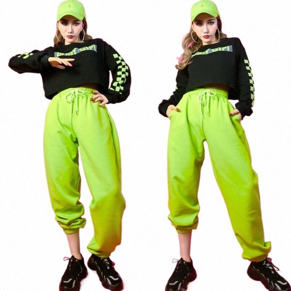 Costumi di prestazione di Jazz Hip-Hop femminile Casual Felpa verde fluorescente Pantaloni Hiphop Suit Stage Show Abiti SL5819 M2dR #
