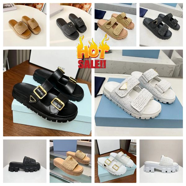 Top-Designer-Sandale für Damen, Häkel-Slides, schwarze Plateau-Keile, Stroh-Flatform-Slipper, Sommer, flach, bequem, Mule, Strand, Pool, zwei Riemen