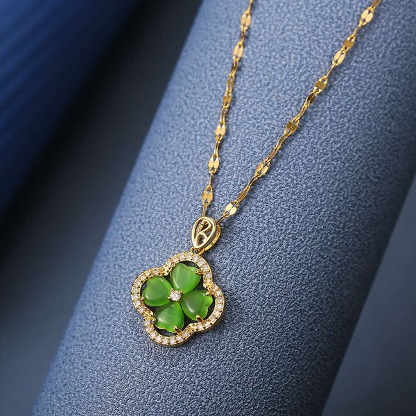 Vans trevo colar moda luxo verde olho de gato pedra trevo de quatro folhas cheio de diamantes aço titânio colar feminino versátil rede de colarinho vermelho