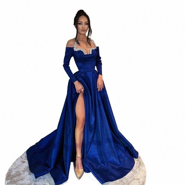 Wunderschöne königliche blaue Frauenabend DRES A-LINE SATIN SEXY SEXID SPLIT PROM-Kleider FI Promi-Party Vestidos de K9fm#