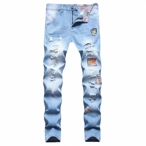 fi Streetwear Homens Rasgado Jeans Casual Estilo Britânico Masculino Calças Jeans Mens Marca Clássico Estiramento Magro Calça Lápis Azul 91qV #
