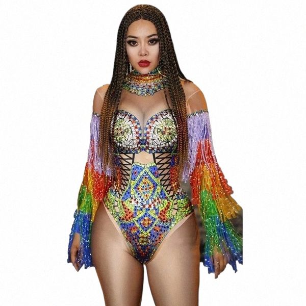 Multi-color Rhinestes Borla Manga Bodysuit Mulheres Singer Bar Sexy Dance Costume Club Party Cristais Fringe Collant Stage Wear Y0we #