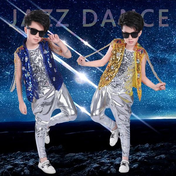 Детские расшитые блестками наряды в стиле хип-хоп для девочек, топы для джазовой чечетки, штаны для мальчиков, детская танцевальная сценическая одежда, костюмы для бальных танцев 240326