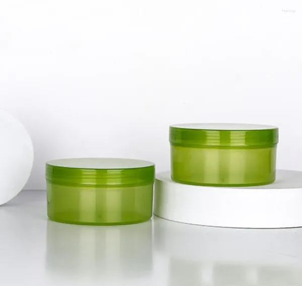 Frascos de armazenamento 300g pote de plástico verde, creme de lata/gel/gel facial/esfoliação corporal/máscara soro umidade cabelo cera cuidados com a pele contém cosméticos