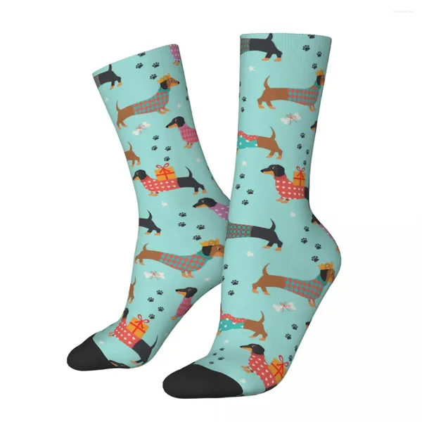 Herrensocken Lustige Dackel auf Blau Vintage Harajuku Dackel Hund Hip Hop Neuheit Muster Crew Crazy Sock Geschenk bedruckt