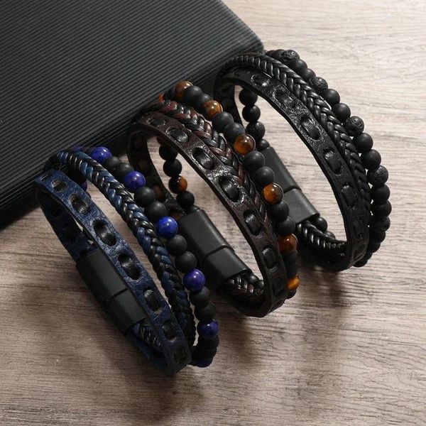 Charme pulseiras retro homens torção multicamada trança de couro simples pedra natural artesanal corda envoltório corrente masculino jewlery