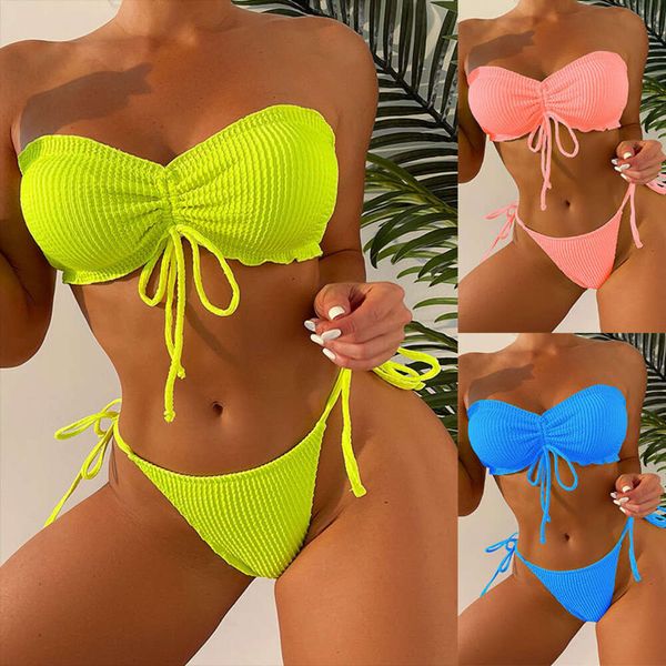 Costume da bagno bikini a tre punti a vita alta con papillon senza spalline