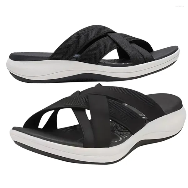 Freizeitschuhe für Damen, Slip-On-Slides, breite Breite, Kreuzriemen, Strandsandalen, offene Zehen, Plattform, Keil, leicht, für den Sommer