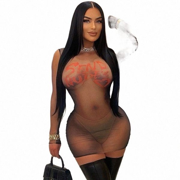 Cutenova Donna Nera Sexy Seduce Body Print Maglia trasparente Mini Dr Sheer Pullover Wrap Hipster Lingeri Dr Party Clubwear M6n1 #