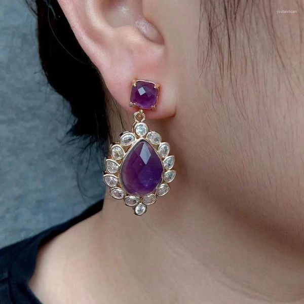 Ohrstecker YYGEM Natürlicher 8mm Amethyst 12x16mm Tropfenform Cz Pave Dangle Lady Schmuck Femme