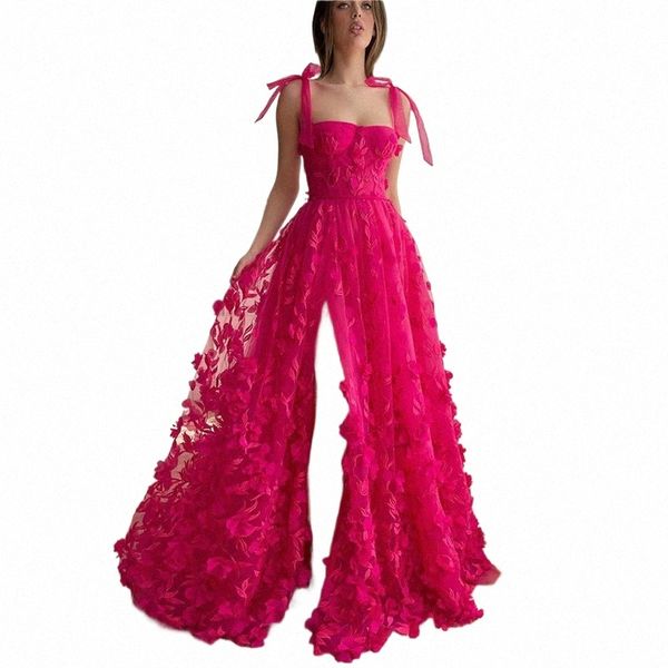 Lorie Hot Pink 3D Frs Prom Dres A Line Bow Straps Lace Evening Party Dr Sweetheart Neck Side Split Prom Vestidos 2023 055t #