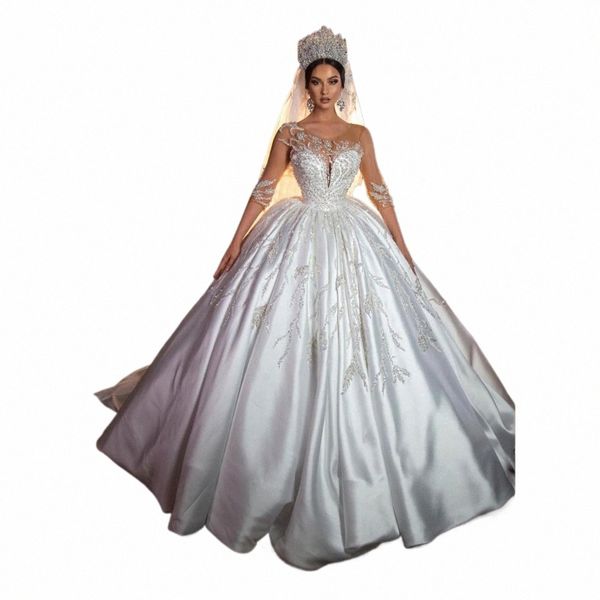 Yiwumensa Royal Wedding Dres scintillanti paillettes appliques abiti da sposa in raso maniche a 3/4 o collo donne abiti formali del partito O1Mq #