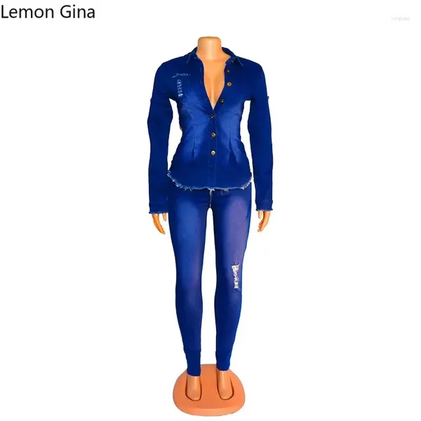 Kadınların İki Parçası Limon Gina Moda Yıkanmış Denim Seti Uzun Kollu Ceket ve Legging Jeans 2024 Street 2 Kıyafet Takip