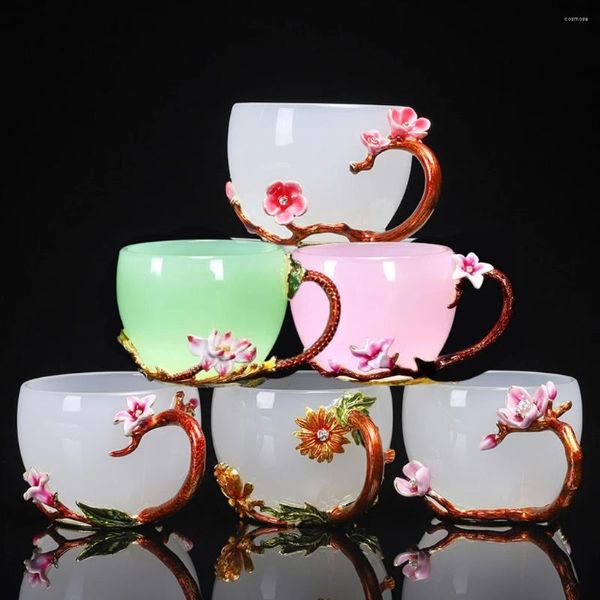 Set di stoviglie cinesi con decorazioni floreali smaltate, tazza da tè, tazza da tè in vetro blu azzurro fantasia, teiera fatta a mano