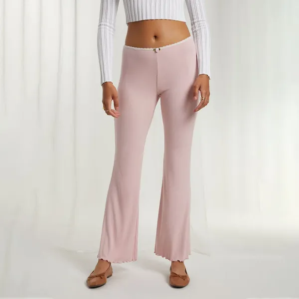 Pantaloni da donna Donna Casual Flare Primavera Estate Vita media Tinta unita Lattuga Trim Pantaloni a zampa d'elefante Abiti femminili