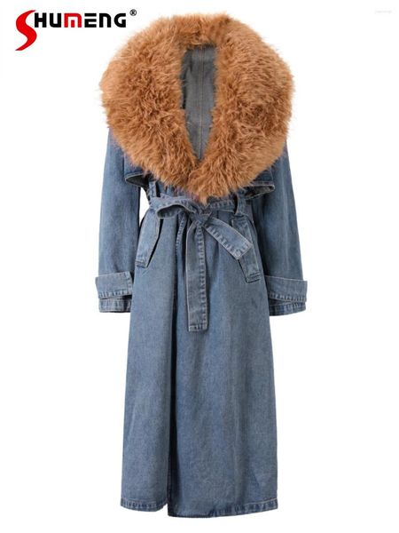 Trench da donna 2024 Moda Industria Pesante Collo in pelliccia Cappotto lungo in denim Inverno Manica comoda allentata di fascia alta