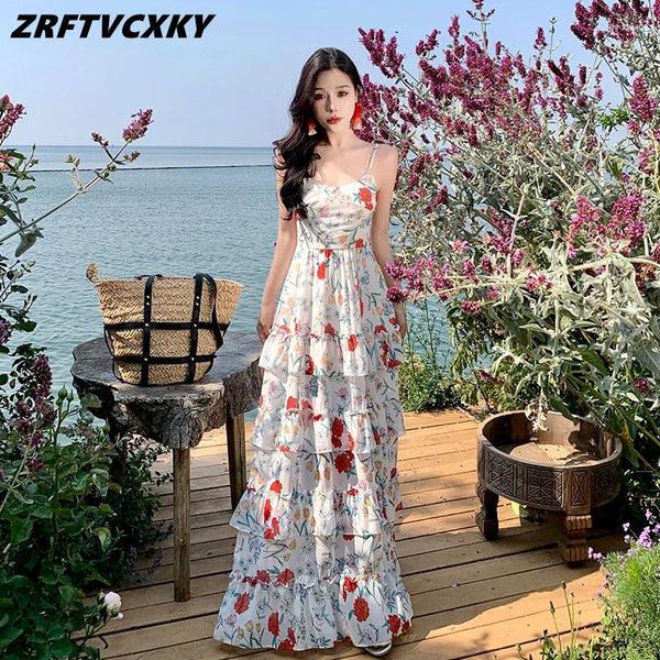 Abiti casual 2024 Summer Women Midi Beach Fashion Stampa floreale Sexy Backless O-Collo Ladies Elegante Cascading Ruffle Dress