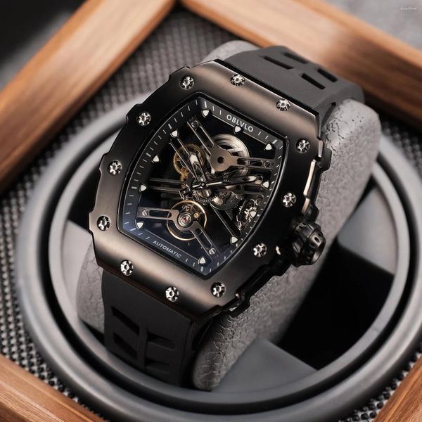 Relógios de pulso Oblvlo marca homens starship oco-out automático relógio mecânico completo preto tonneau caso pulseira de borracha para homens EM-S