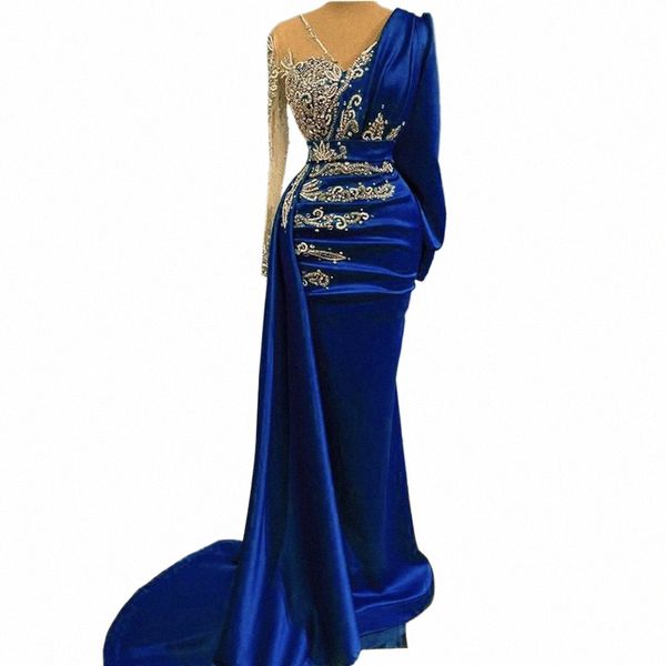 Royal Blue Satin Beads Lg Sleeve Evening Dres per le donne Elegantemente abbinato con scollo a V sexy staccabile Dubai Arabo Prom formale e7MA #