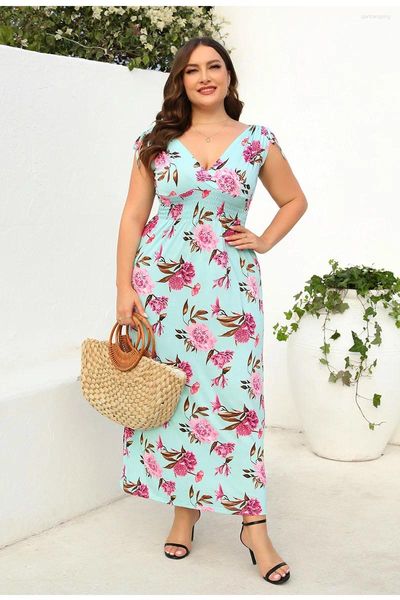 Abiti casual Bohemian Floral A Line Dress per le donne senza maniche con scollo a V Beach Holiday Sundress 2024 Summer High Life Plus Size 4XL