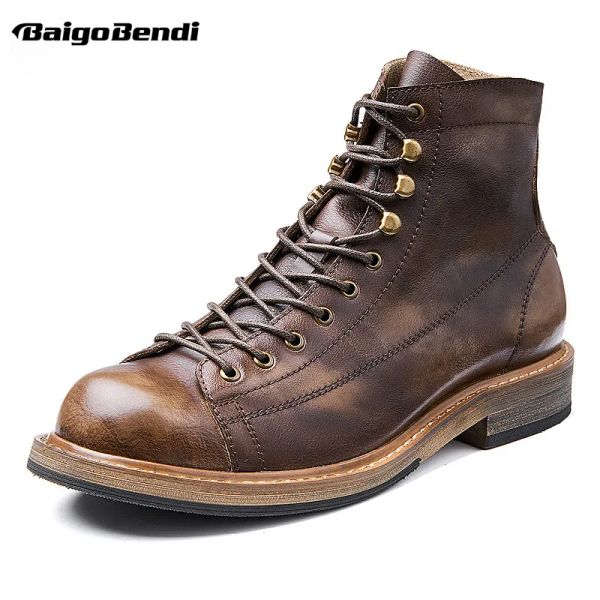 Stiefel Retro Big Round Toe Herren Work Boots Britisch -Stil cooler Leder -Schnüre -up -Mann im Herbst Winter Casual Schuhe