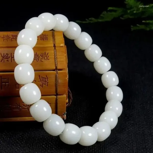 Strand natural hetian branco jade elástico pulseira masculino feminino cura jóias de pedra preciosa sorte amuleto jades grânulo pulseiras