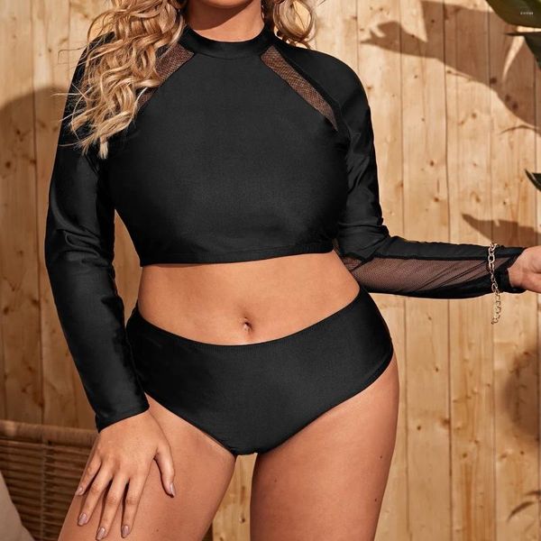 Damen-Bademode, Sommer, zweiteilig, Badeanzug, langärmelig, vertuschen, Badeanzüge, Bikini-Sets in Übergröße, hohe Taille, Strandmode für Mädchen