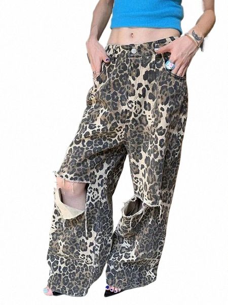 Leopard Print Baggy Jeans Donna Strappato Gamba larga Vita alta Allentato Butt Loose Fi Denim Pant Abbigliamento femminile Jeans oversize b4Xr #