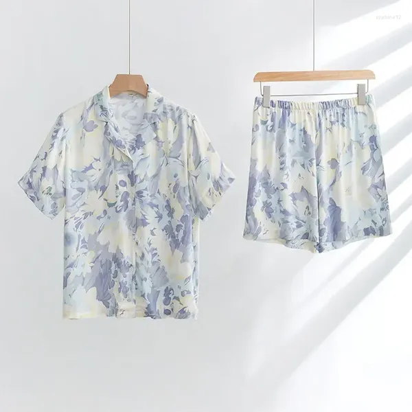 Casa roupas 2024 vintage pintura a óleo impressão cor azul camisa de manga curta topos com shorts pijamas terno para o verão feminino pijama de algodão