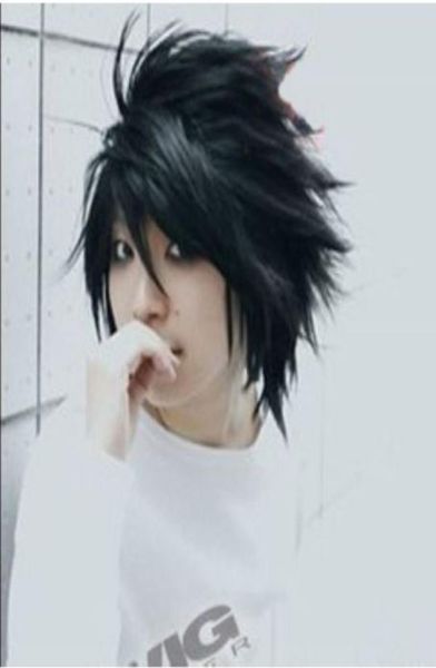 100 yepyeni yüksek kaliteli moda resmi tam dantel peruk satmak popüler ölüm notu l siyah kısa şık anime cosplay wig1875434