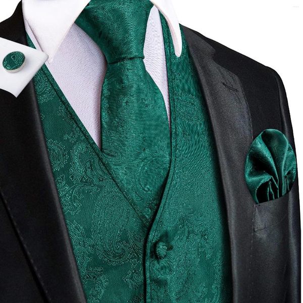 Coletes masculinos Hi-Tie 4 PC Paisley Verde Escuro Seda Mens Terno Colete Tecido Gravata Bolso Quadrado Abotoadura Negócio Vestido de Casamento Cintura Jaqueta