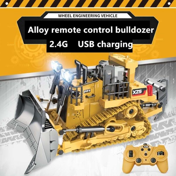 Bulldozer resistente de liga de carregamento com controle remoto 2.4G com iluminação e efeito sonoro, modelo de engenharia de elevação, brinquedos infantis de Natal