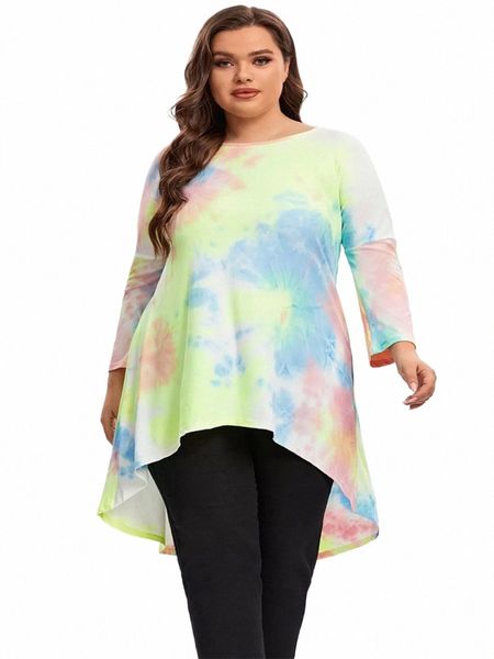 Plus Size Lg manica elegante Tie Dye tunica Top Lg allentato autunno Hi Low Swing camicetta T-shirt Plus Size Abbigliamento donna 6XL 7XL z0vq #