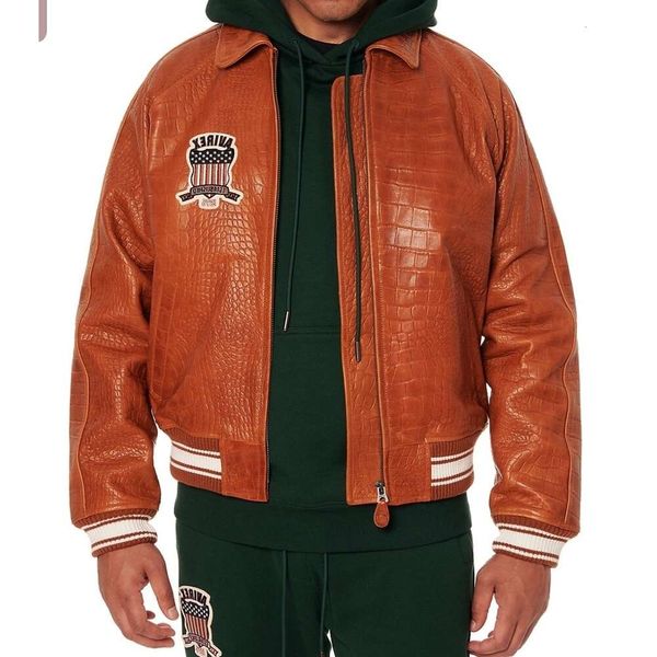 Jaqueta de couro bomber laranja grão de jacaré tamanho EUA Avirex casual atlético grosso pele de carneiro terno de voo macai tulingzhu