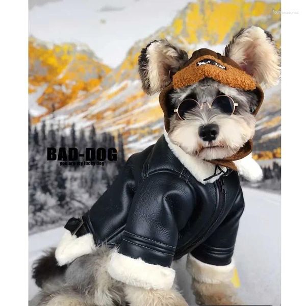 Abbigliamento per cani Abbigliamento Autunno Inverno Cappotto nero alla moda ispessito Piccolo Teddy Schnauzer Bichon Pomerania in pelle PC2504