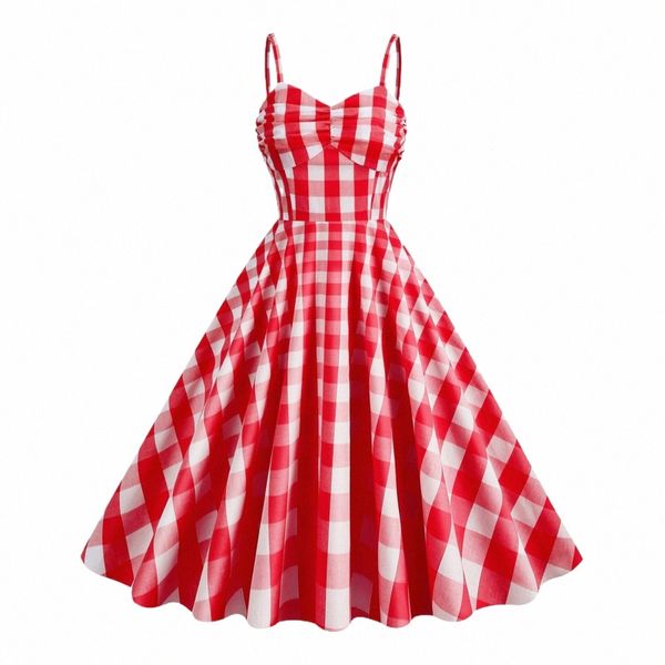 Donne Vintage Barbiee Rosa Plaid Retro Rockabilly Strap Bretelle Cocktail Sundr 50s 60s Swing Fi A-line Party Dres y0qy #