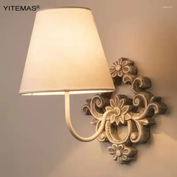 Lâmpadas de parede vintage branco luz de madeira com sombra de tecido 1 retro quarto lâmpada de cabeceira para sala de estar berçário