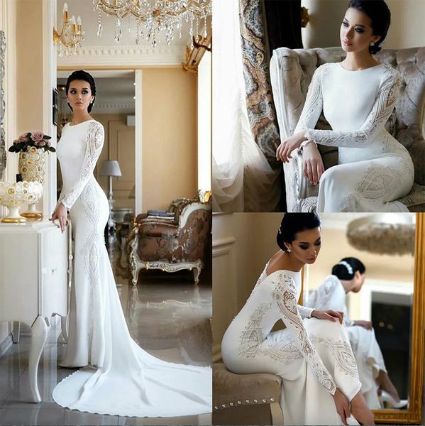 Mütevazı denizkızı gelinlik dantel aplike boncuklu berta süpürme treni boho gelinlik gelinlik kolları abiti da sposa elbisesi 2024