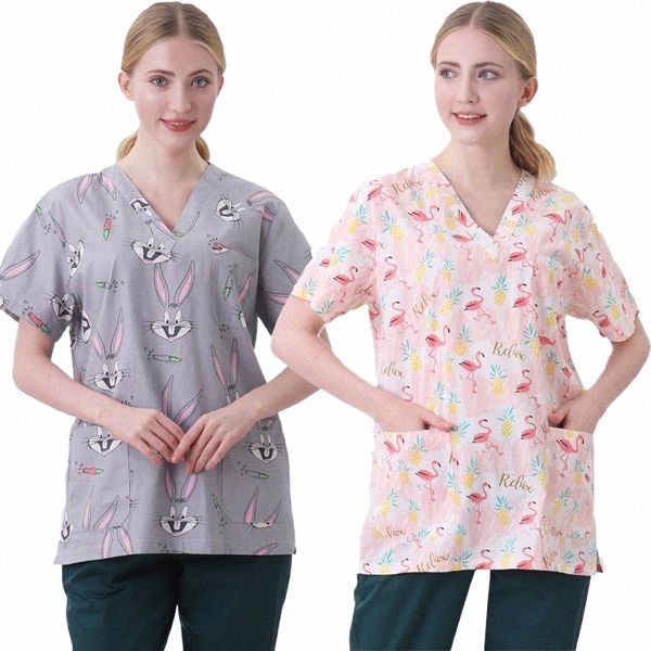 Großhandel neue hochwertige Cott Carto Print Krankenschwester Uniform Labor Pet Shop Overalls FI schlanke atmungsaktive mattierte Tops t3d0 #