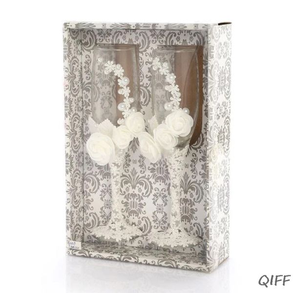 Escovas 2pcs / conjunto de vidro de casamento criativo pérola flor cristal casamento champanhe copos