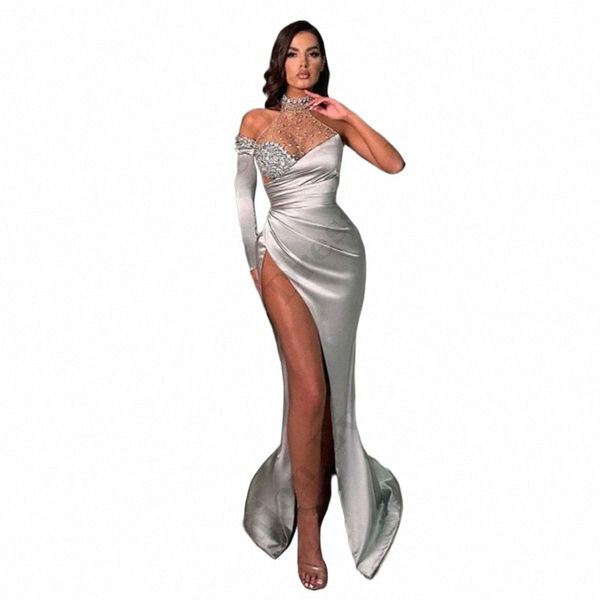 Lindo cetim bonito noite dres para mulheres boêmio fi fora do ombro sleevel alta divisão elegante mop vestidos de baile 44Iu #