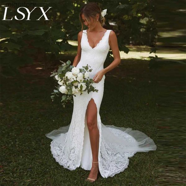 Abiti sexy urbani LSYX profondo scollo a V senza maniche abito da sposa a sirena in pizzo aperto sul retro spacco laterale alto pavimento abito da sposa su misura yq240329