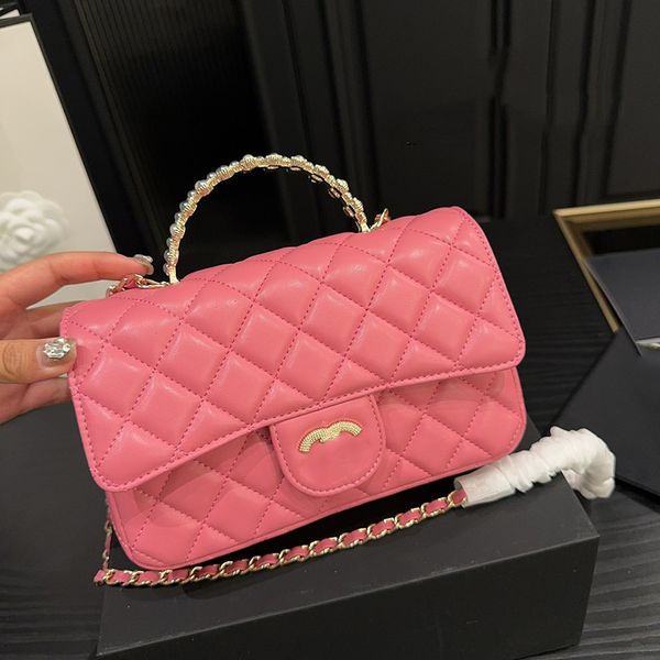 Kadın İnciler Üst Tapı Totes Klasik Mini Flep Squilted Torbalar Rhinestone Dönüş Kiliti Elmas Kafesi GHW Crossbody Omuz Kuzu Din Çantası Makyaj Çantası 20cm